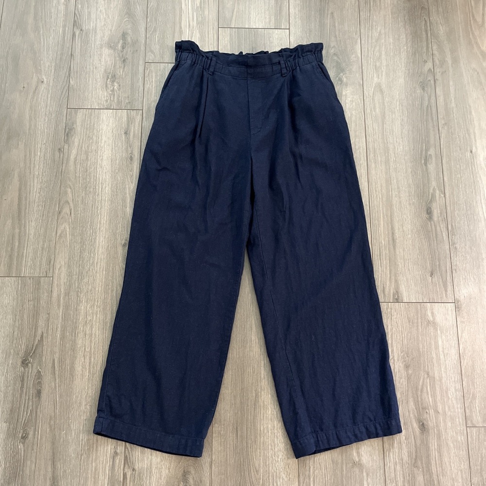 Uniqlo Wide Pleated Pants Womens L Waist 30"-31" Navy Blue Linen/Rayon Pockets